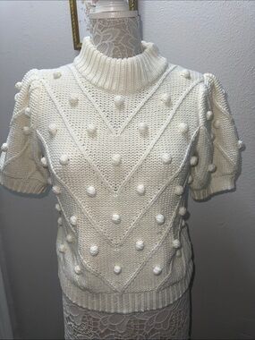 English Factory Cream Pom-Pom Turtleneck Short Sleeve Sweater